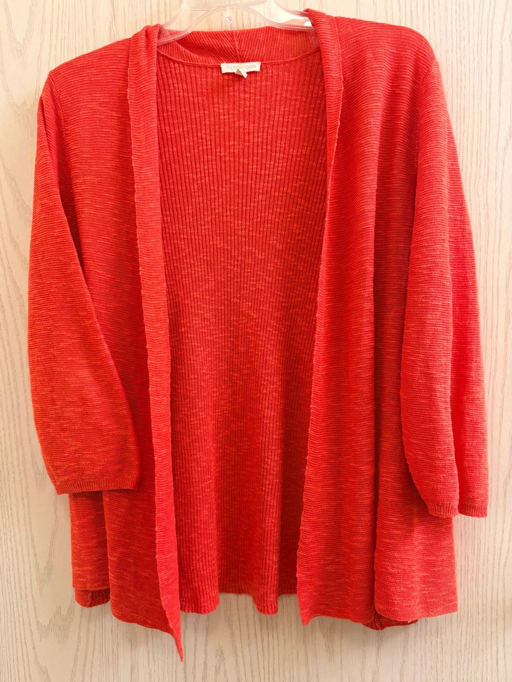 Eileen Fisher Open-Front Knit Coral Linen  and cotton Cardigan